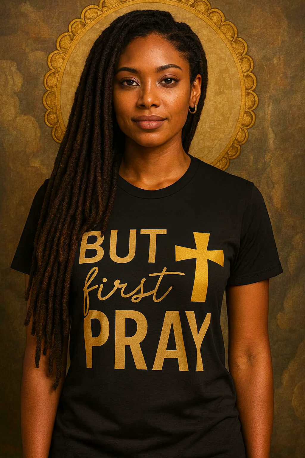 “BUT first PRAY” Luxe Gold Tee – Faith Meets Fashion