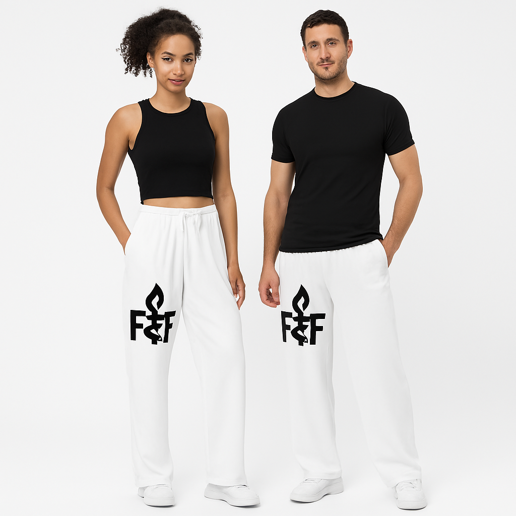 Faith Ignites Fashion Unisex White Wide‑Leg Logo Pants