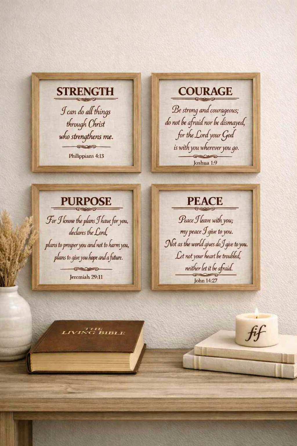 Faith-Based Wall Art Set – Strength, Courage, Purpose & Peace | 4-Piece Scripture Collection
