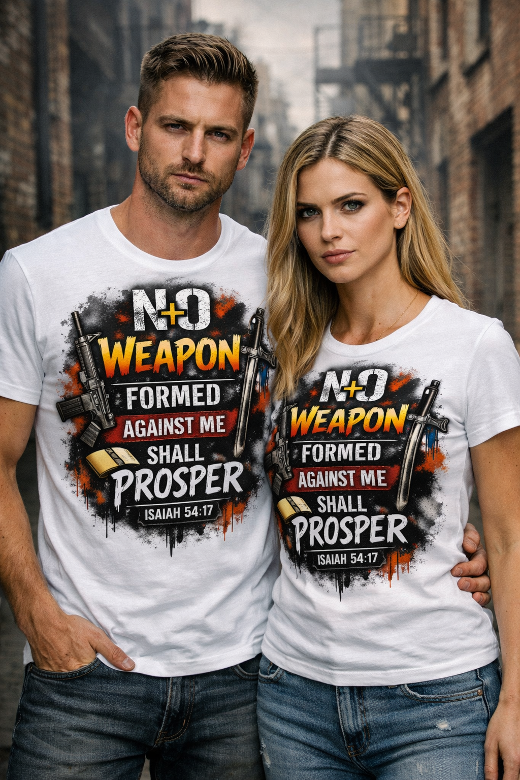 Man and woman wearing No Weapon Formed Against Me Shall Prosper Isaiah 54:17 white graphic tee