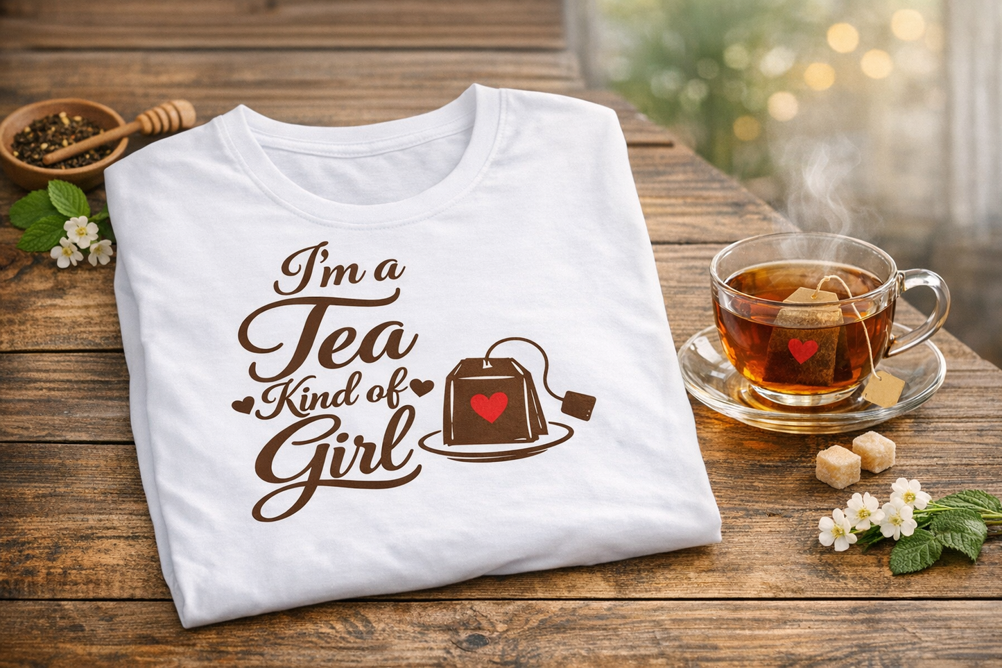 I'm a Tea Kind of Girl – White Tee with Espresso Brown Design