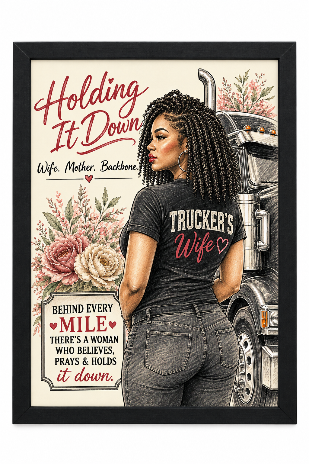Clean corrected Holding It Down artwork in a black frame