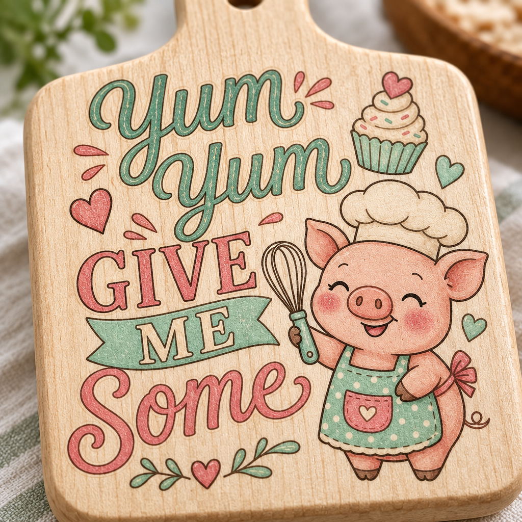 Close-up of the Yum Yum baking pig design on the wooden cutting board