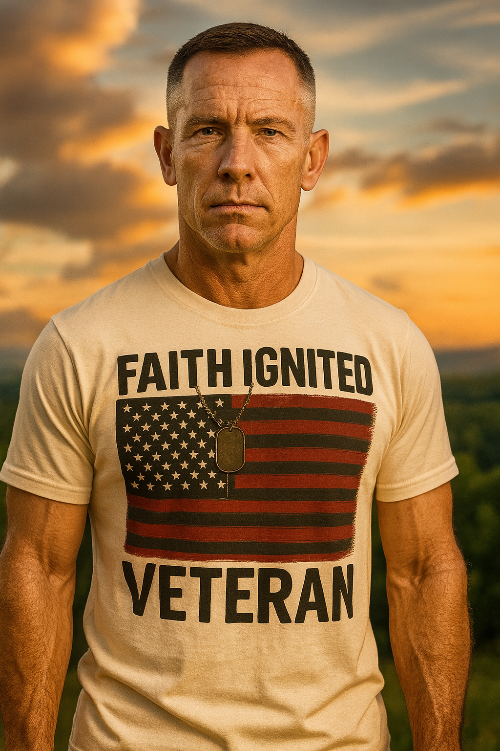 “Faith Ignited Veteran” Tee – Patriotic Honor Edition