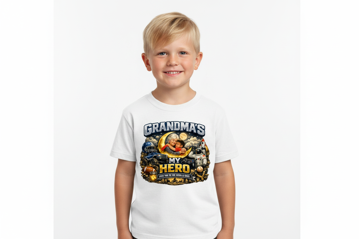 Little white boy wearing white tee with White Grandma's My Hero design