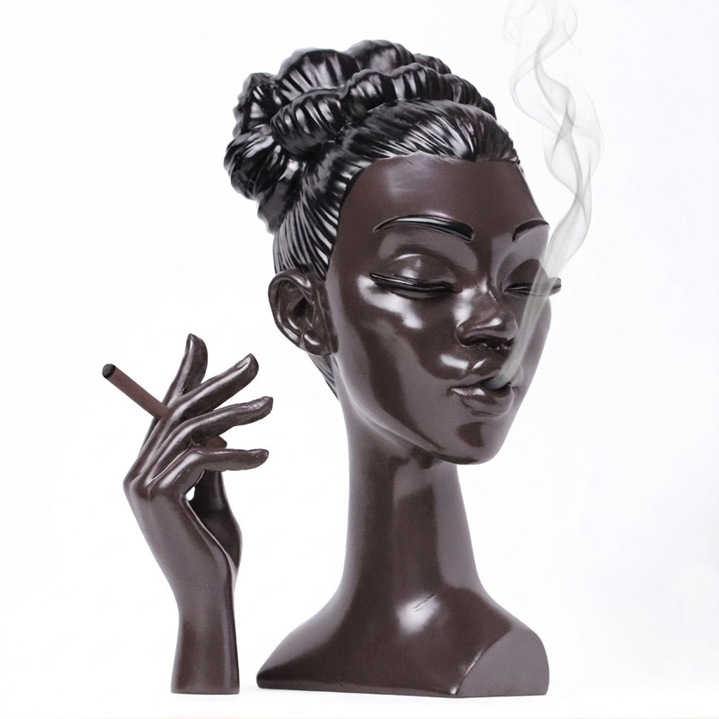Brown woman-shaped incense burner with braided updo and matching brown cigarette-shaped detail