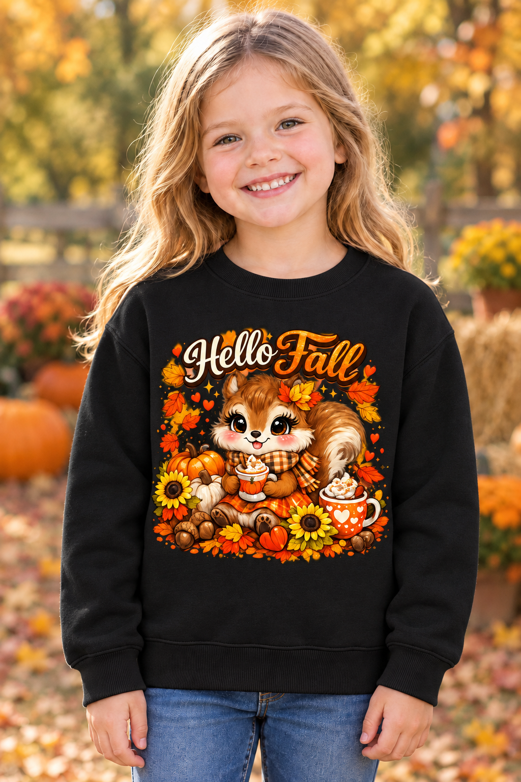 Little girl wearing black FIF Hello Fall squirrel crewneck shirt