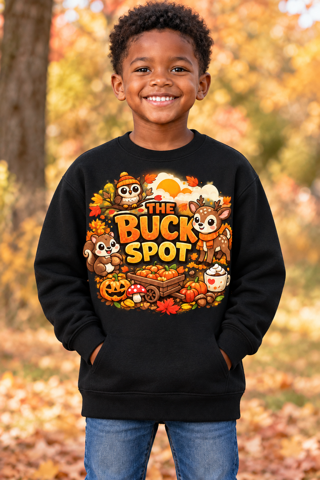 Little Black boy in a black crew neck sweatshirt with The Buck Spot design