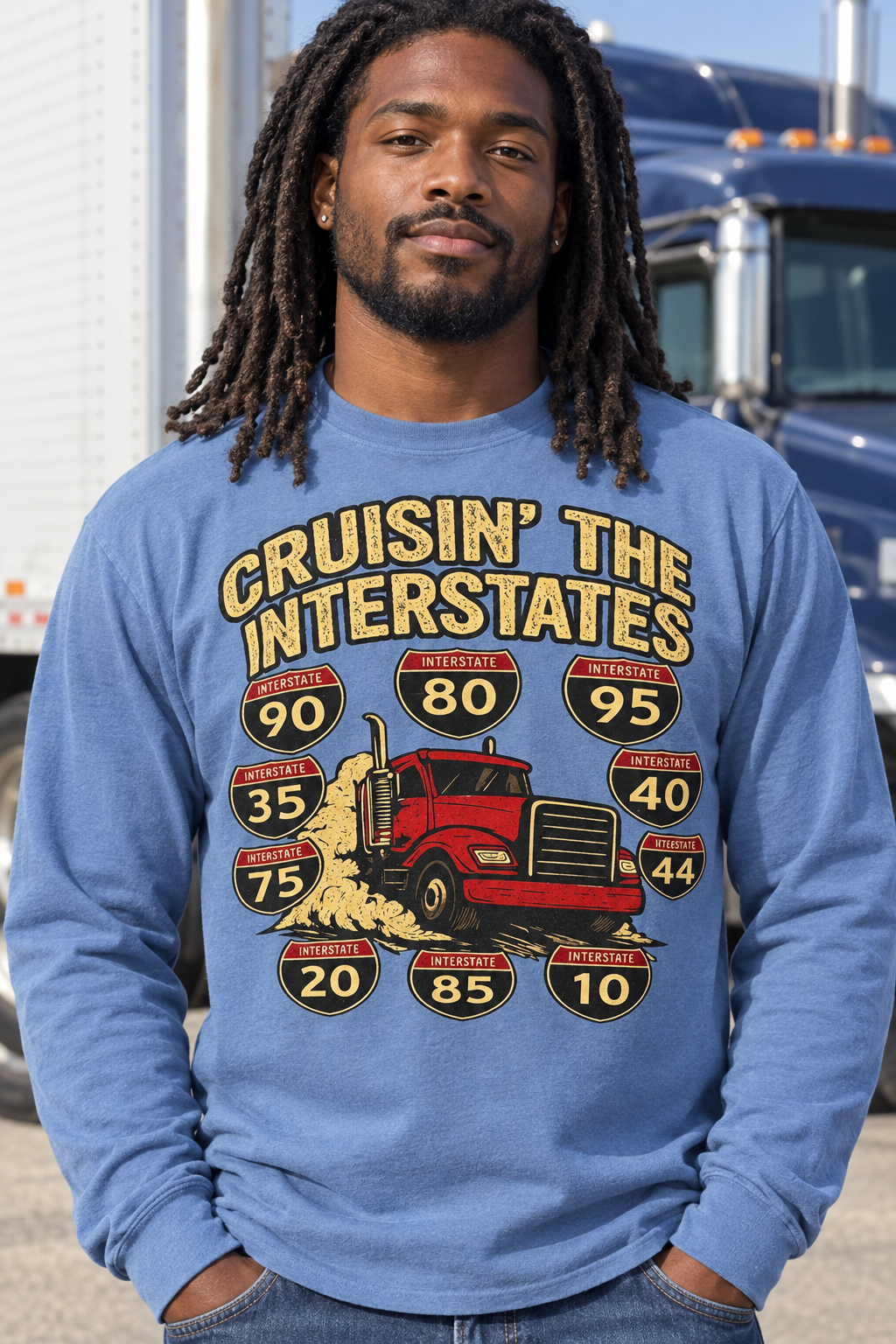 Long-sleeve blue shirt, front design, Black trucker with dreads