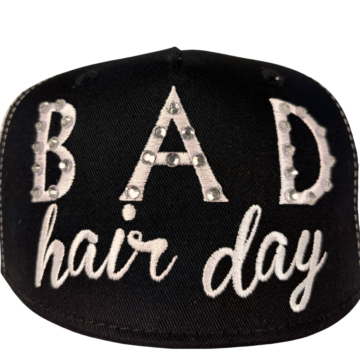 Bad Hair Day Rhinestone Trucker Hat – Black & White