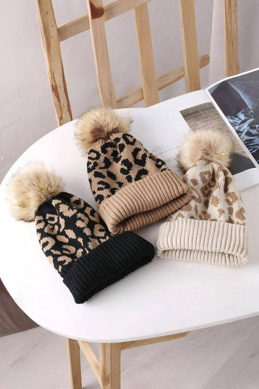 Leopard Pattern Knit Pom Pom Beanie