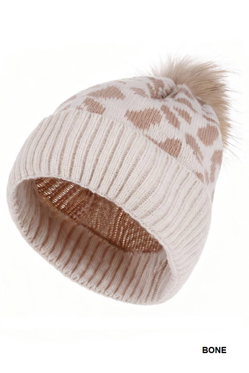 Leopard Pattern Knit Pom Pom Beanie