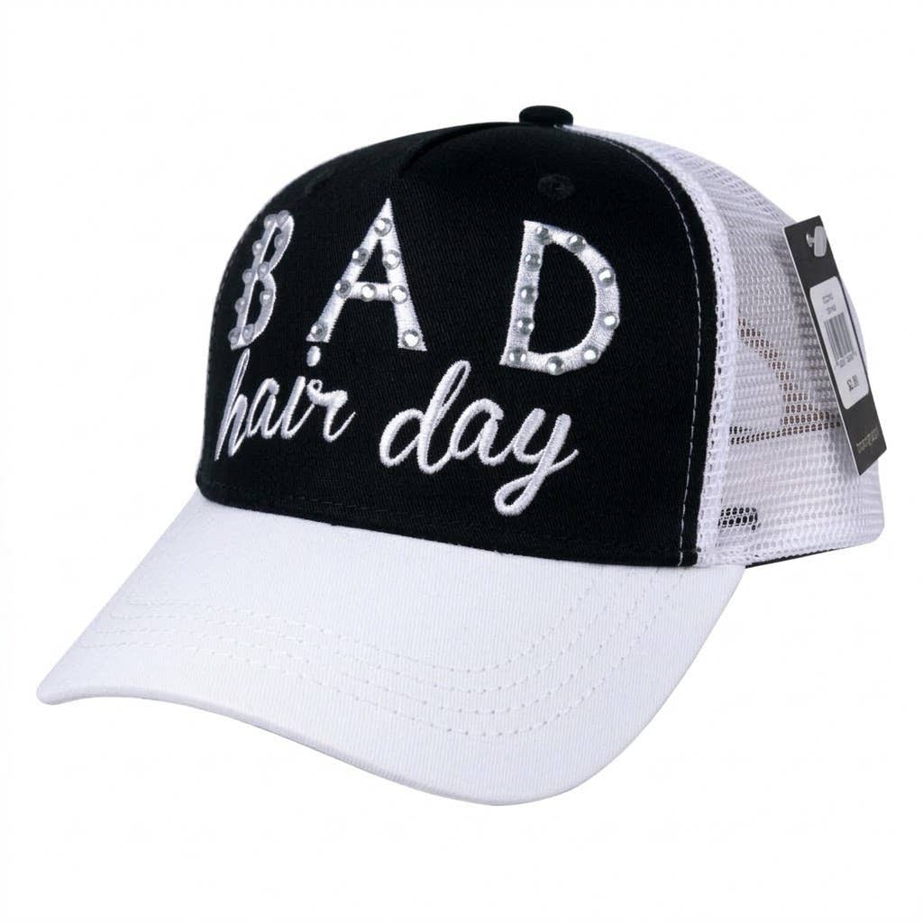 Bad Hair Day Rhinestone Trucker Hat – Black & White
