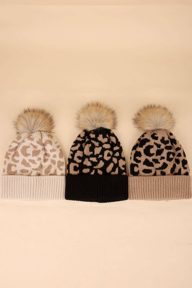 Leopard Pattern Knit Pom Pom Beanie