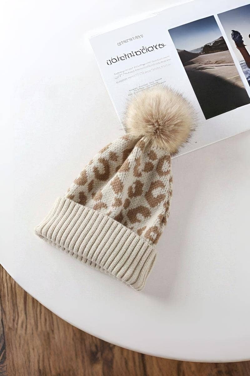 Leopard Pattern Knit Pom Pom Beanie