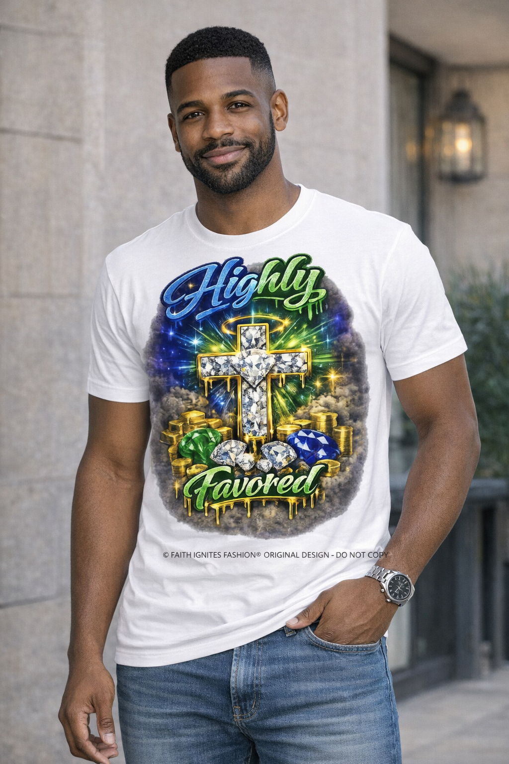 Highly Favored — Diamond Cross Graphic Tee (Men's Edition)