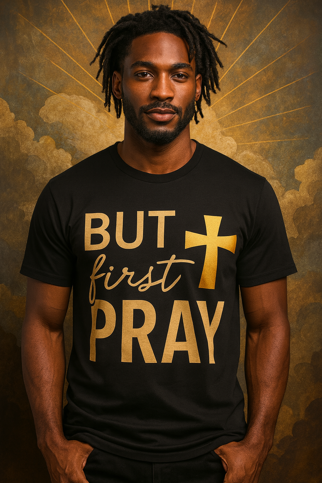 “BUT first PRAY” Luxe Gold Tee – Faith Meets Fashion