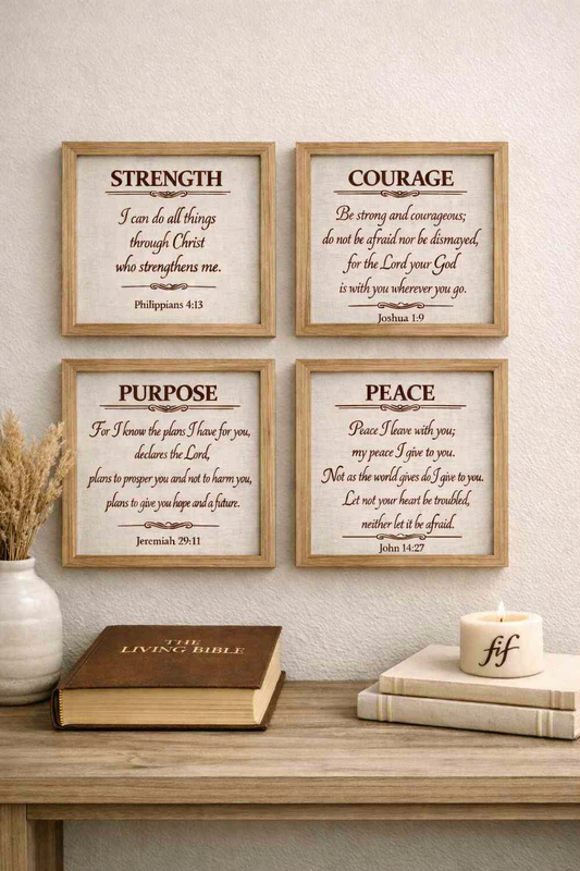 Faith-Based Wall Art Set – Strength, Courage, Purpose & Peace | 4-Piece Scripture Collection