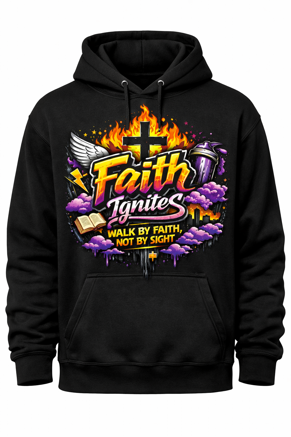 Faith Ignites Walk By Faith Not By Sight black hoodie with graffiti cross graphic