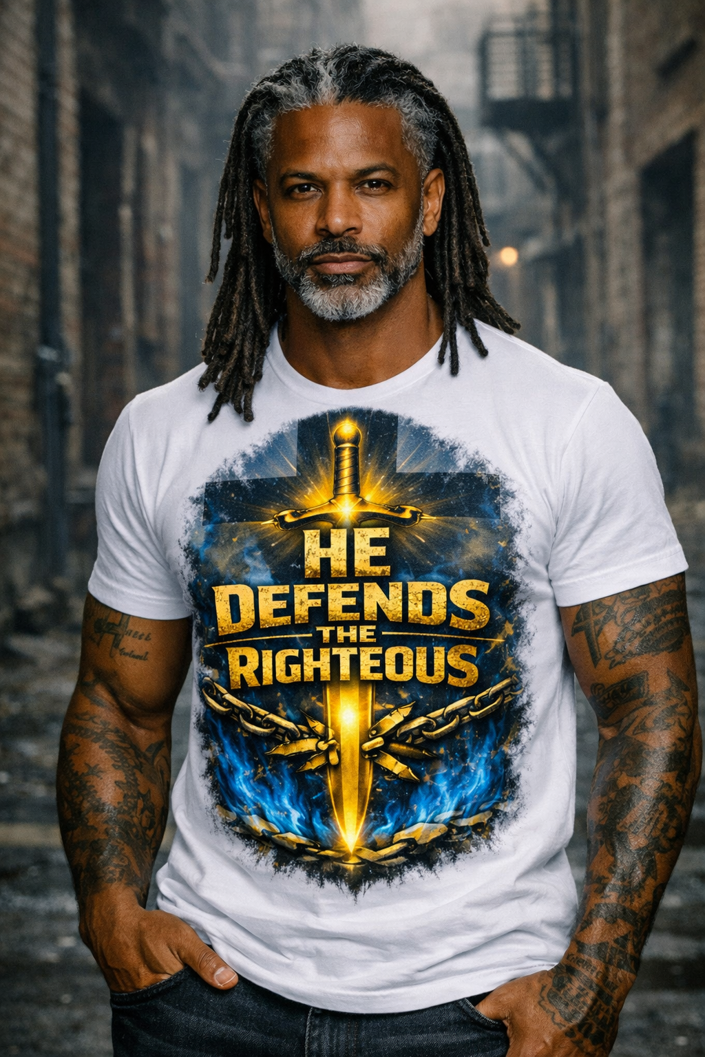 African American male model wearing He Defends The Righteous white graphic tee by Faith Ignites Fashion
