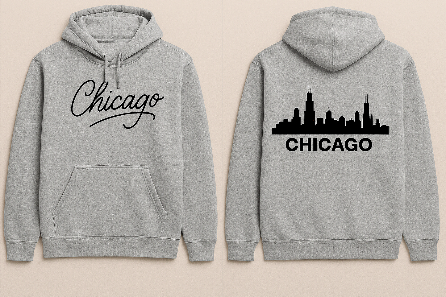 Chicago Skyline Hoodie – Bold Front & Back Design in White or Gray