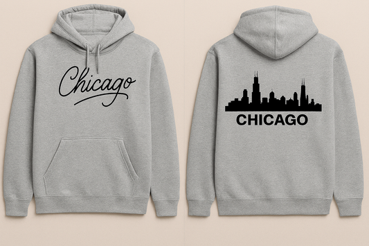 Chicago Skyline Hoodie – Bold Front & Back Design in White or Gray