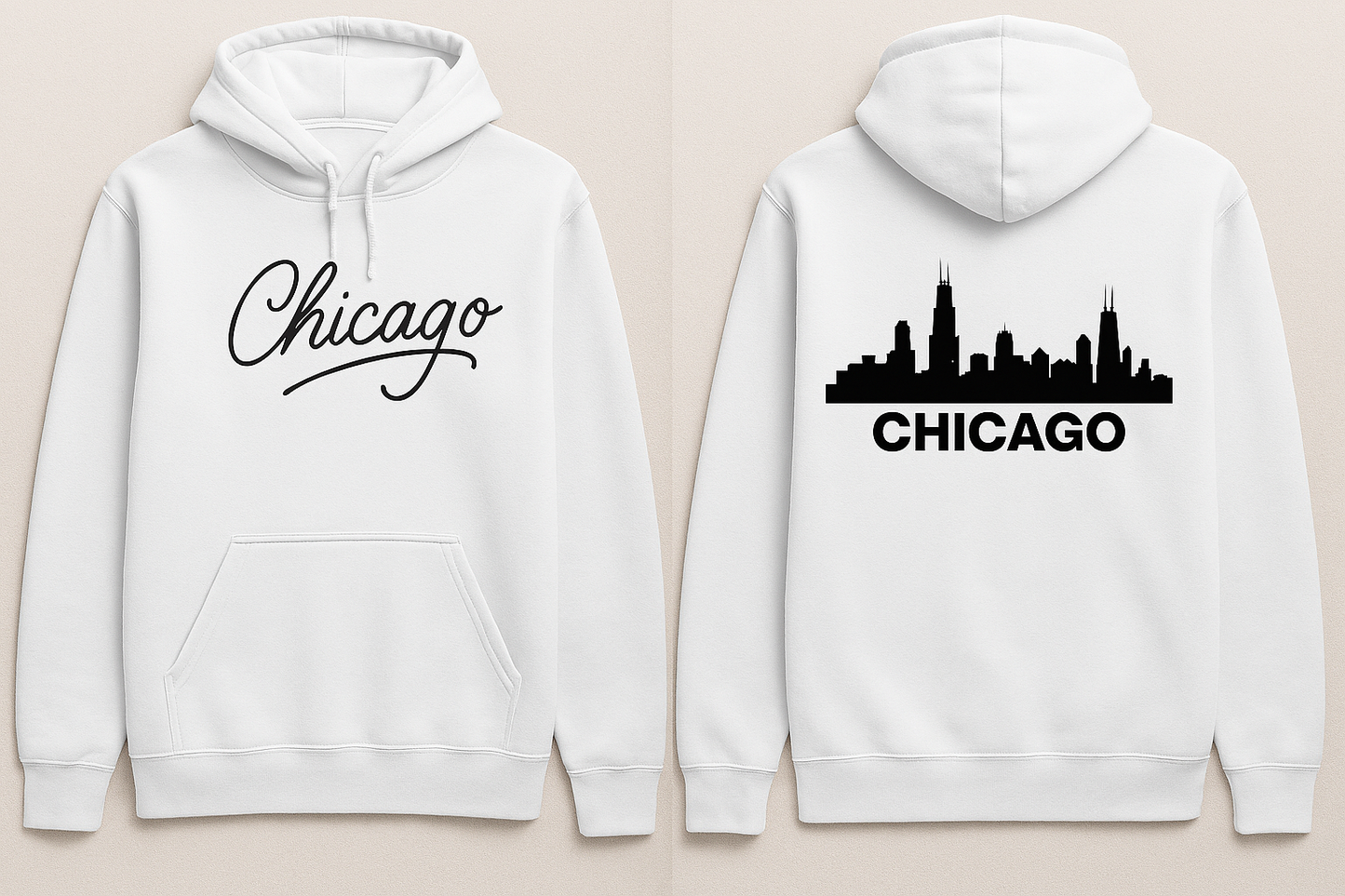 Chicago Skyline Hoodie – Bold Front & Back Design in White or Gray