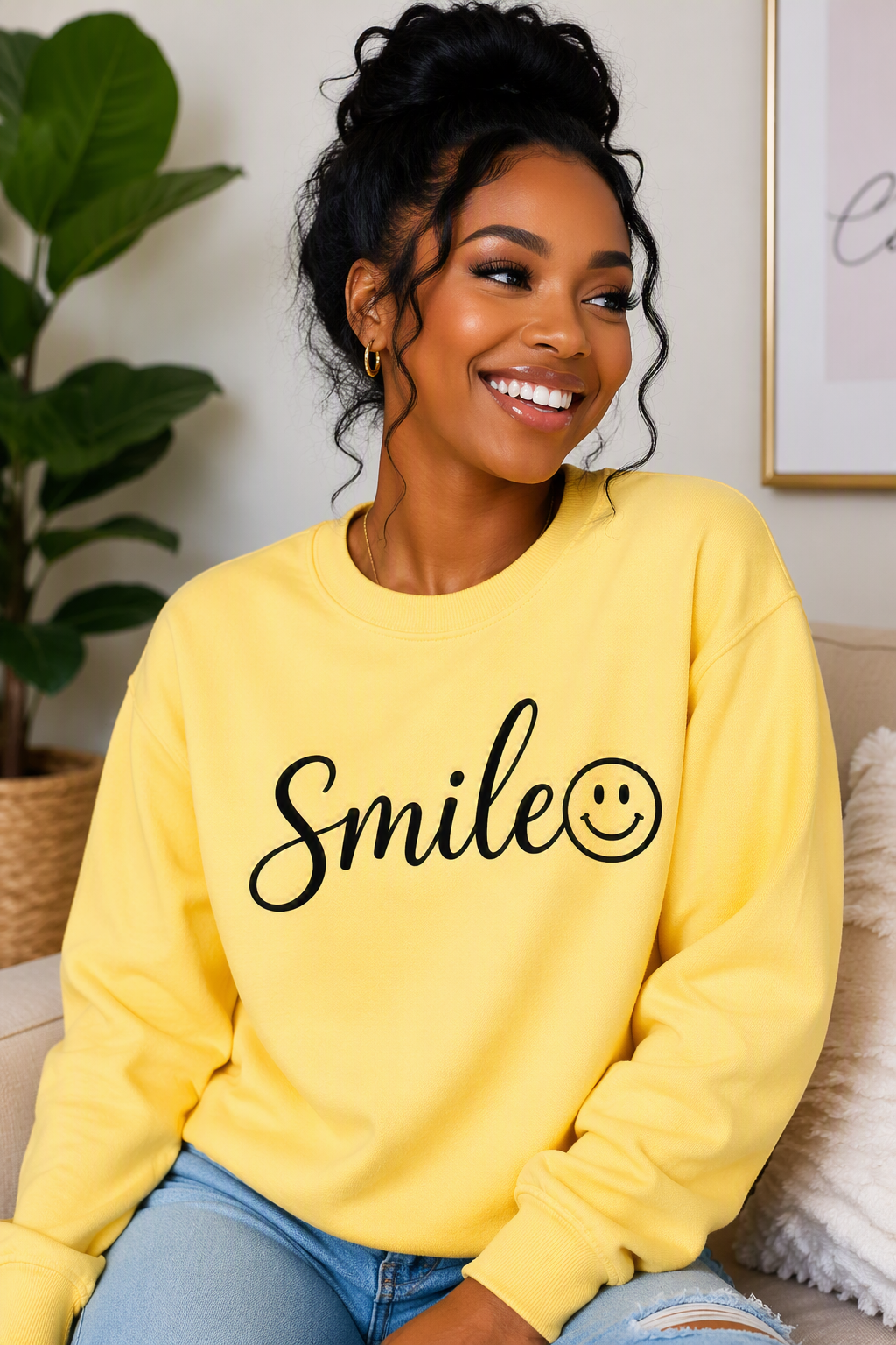 "Smile" Graphic Crew Neck Sweatshirt — Pink, Black & Yellow
