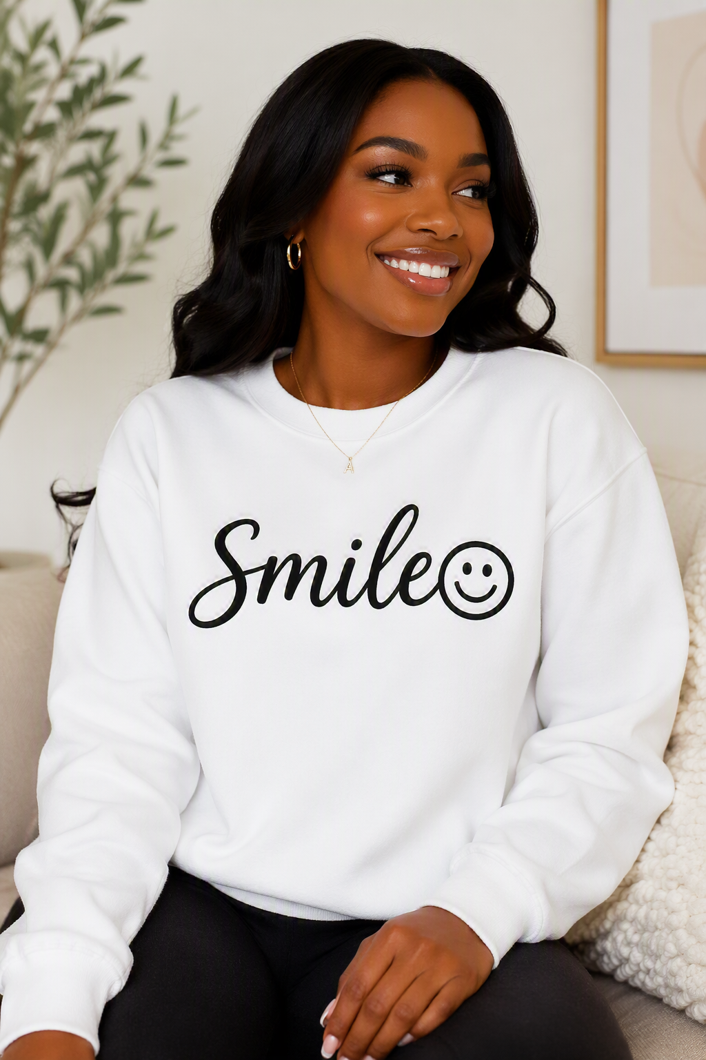 "Smile" Graphic Crew Neck Sweatshirt — Pink, Black & Yellow
