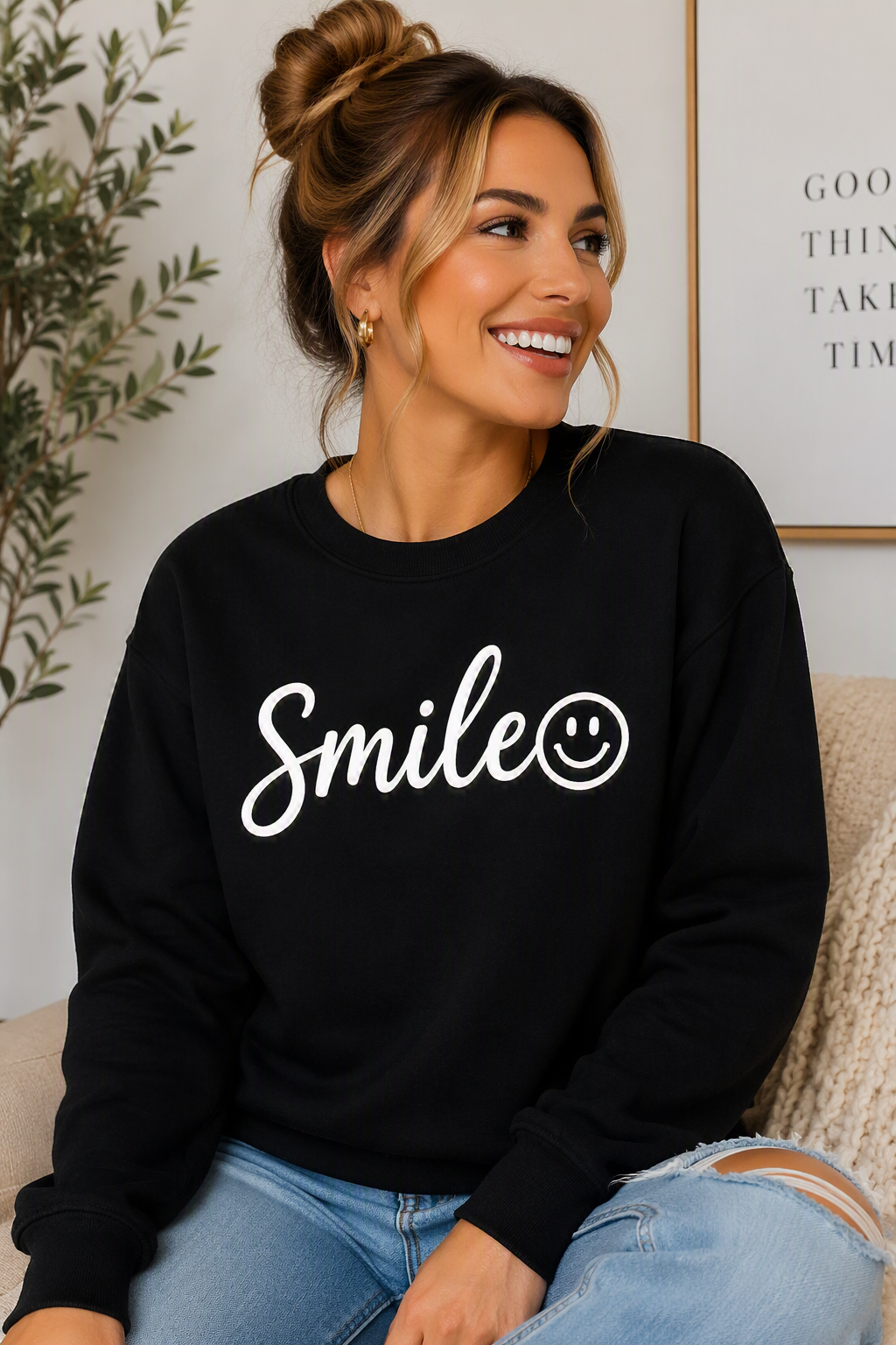 "Smile" Graphic Crew Neck Sweatshirt — Pink, Black & Yellow