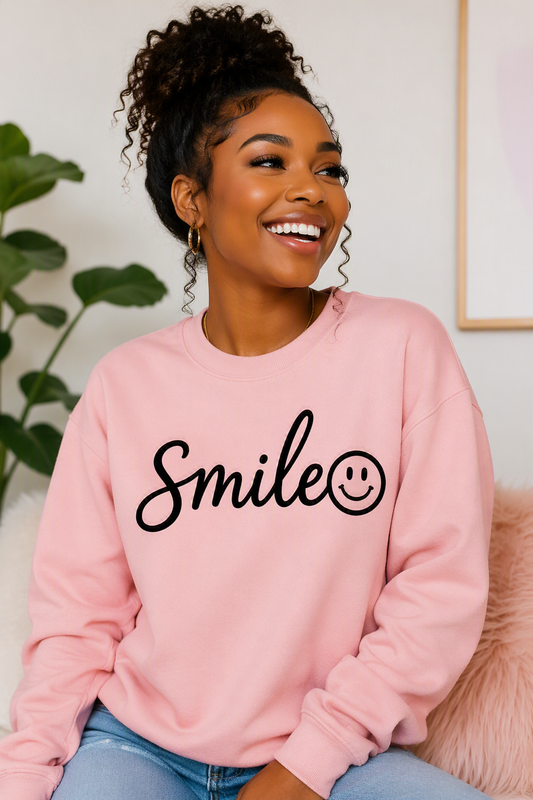 "Smile" Graphic Crew Neck Sweatshirt — Pink, Black & Yellow