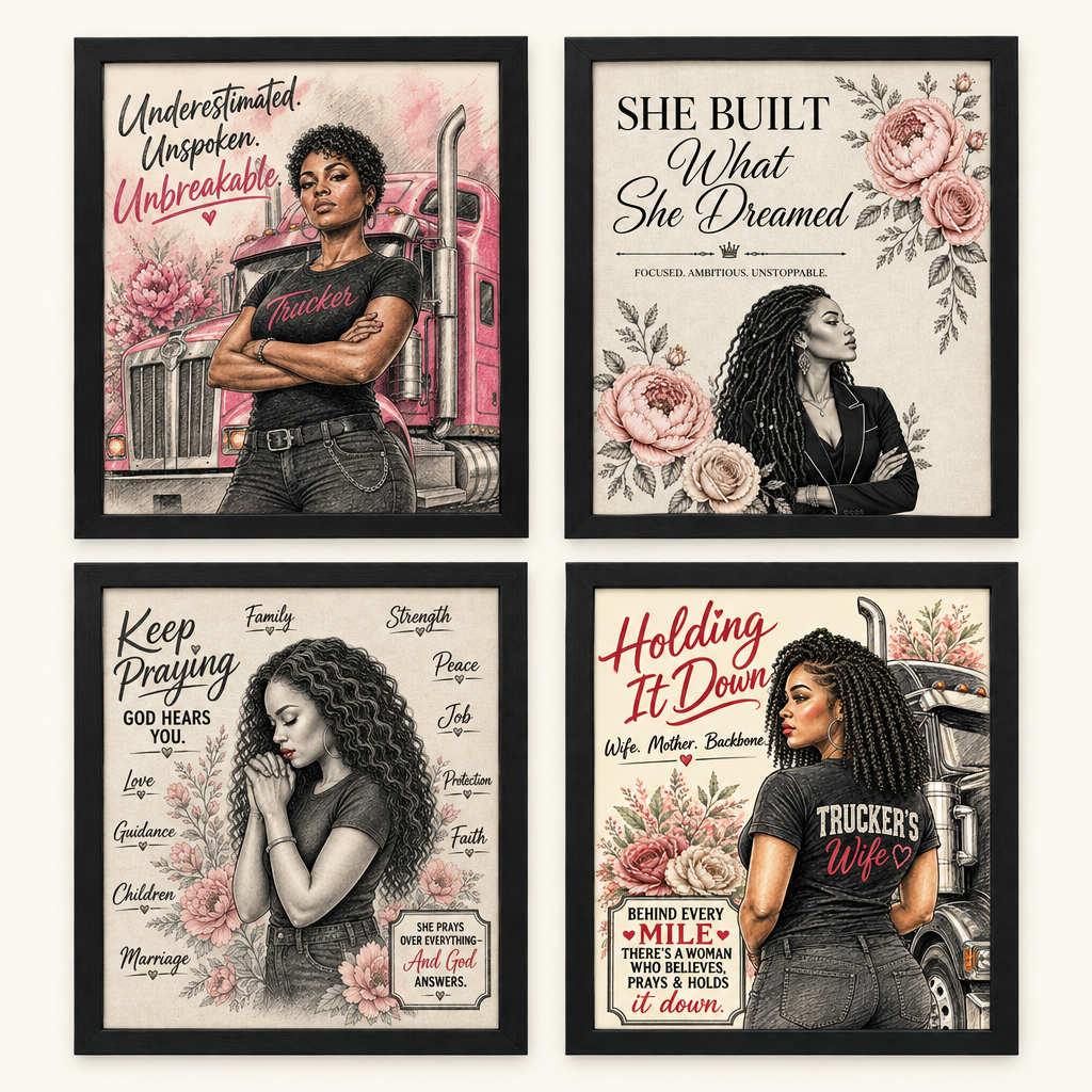 All four framed designs together, using the corrected Trucker’s Wife artwork
