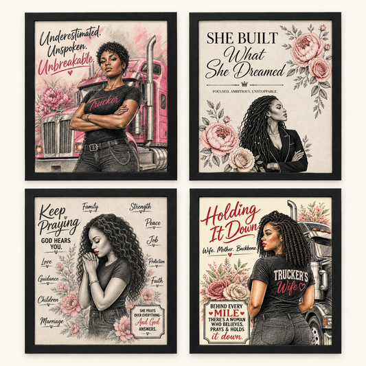 All four framed designs together, using the corrected Trucker’s Wife artwork