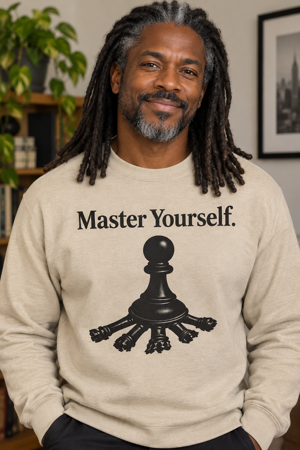 Beige crew neck sweater on handsome older Black man with dreads and gray streaks