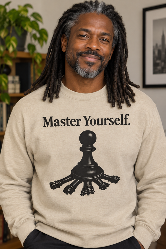 Beige crew neck sweater on handsome older Black man with dreads and gray streaks