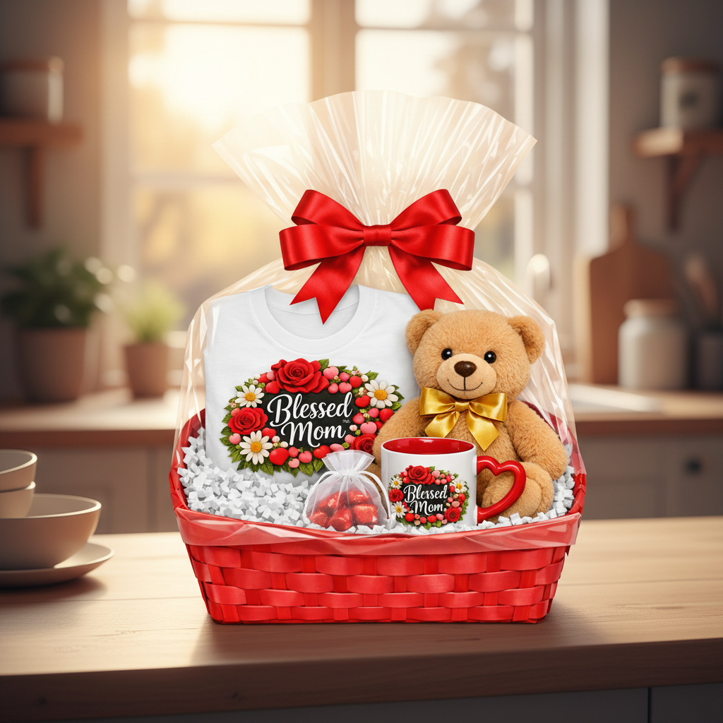Blessed Mom Mother’s Day Gift Basket – Red Satin Bow, Plush Bear, Mug & T‑Shirt Set