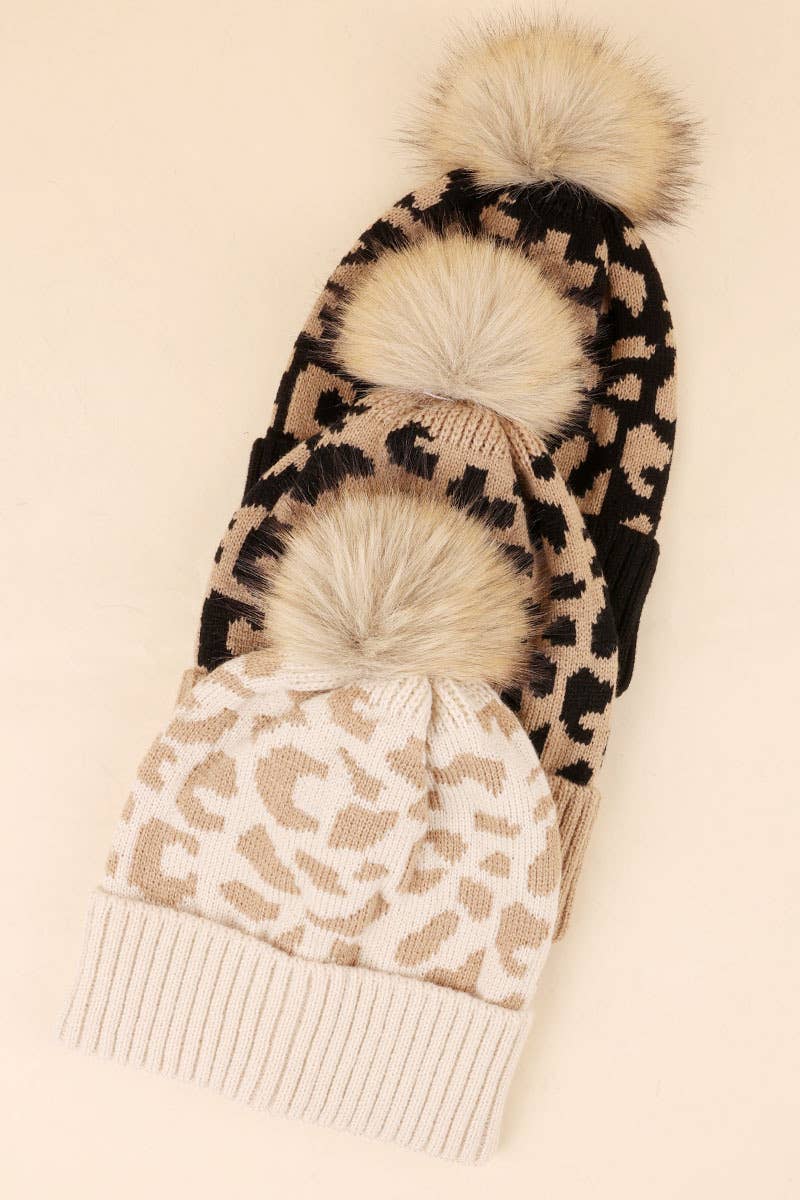 Leopard Pattern Knit Pom Pom Beanie