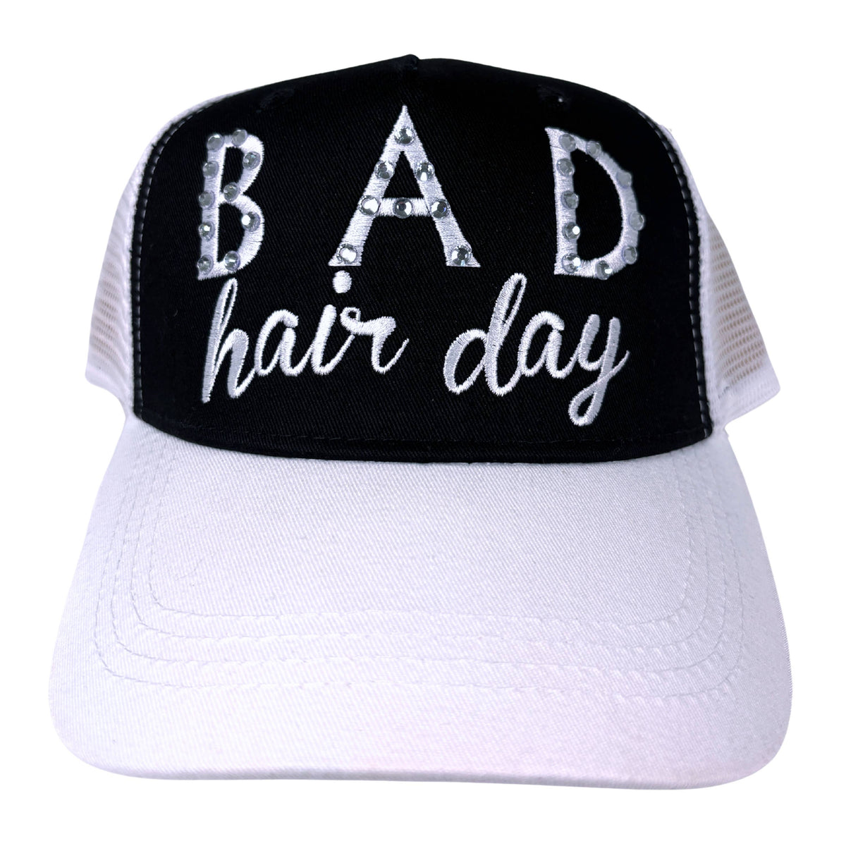 Bad Hair Day Rhinestone Trucker Hat – Black & White
