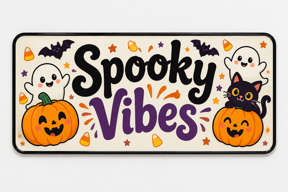 Cute Halloween-themed license plate with jack-o-lanterns, ghosts, and a black cat