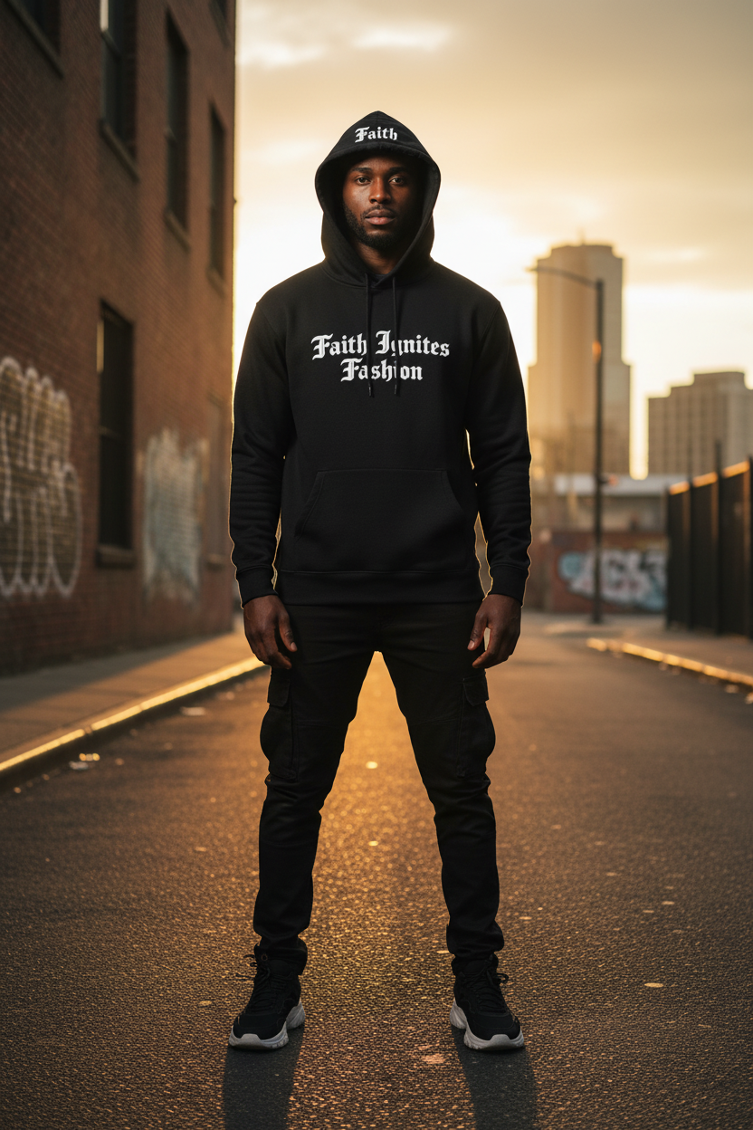 Faith Ignites Fashion - Black Hoodie Urban Model