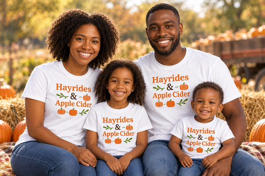 Family in matching white Hayrides & Apple Cider fall T-shirts