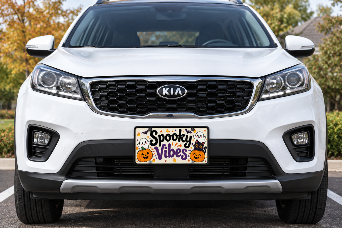 Halloween license plate on the front of a white Kia
