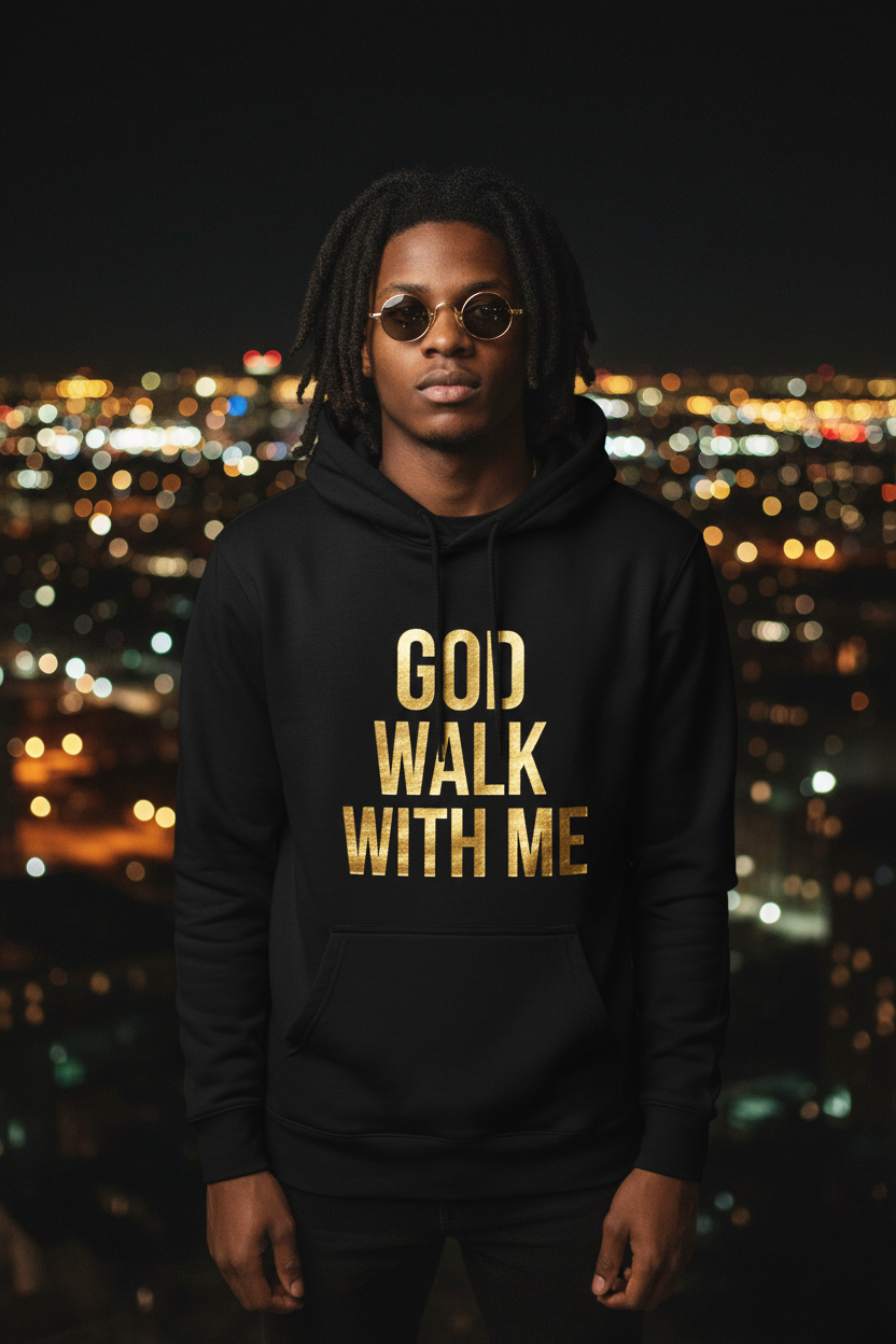 God Walk With Me black hoodie on male model