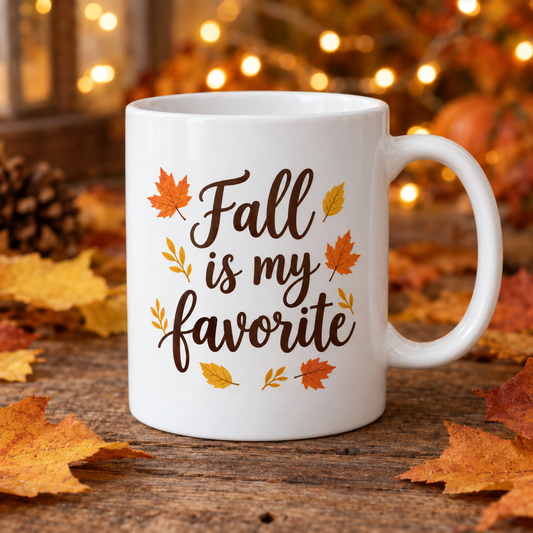 White 11 oz Fall is my favorite mug with leaves and warm lights