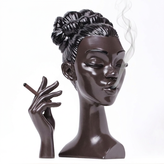 Brown woman-shaped incense burner with braided updo and matching brown cigarette-shaped detail