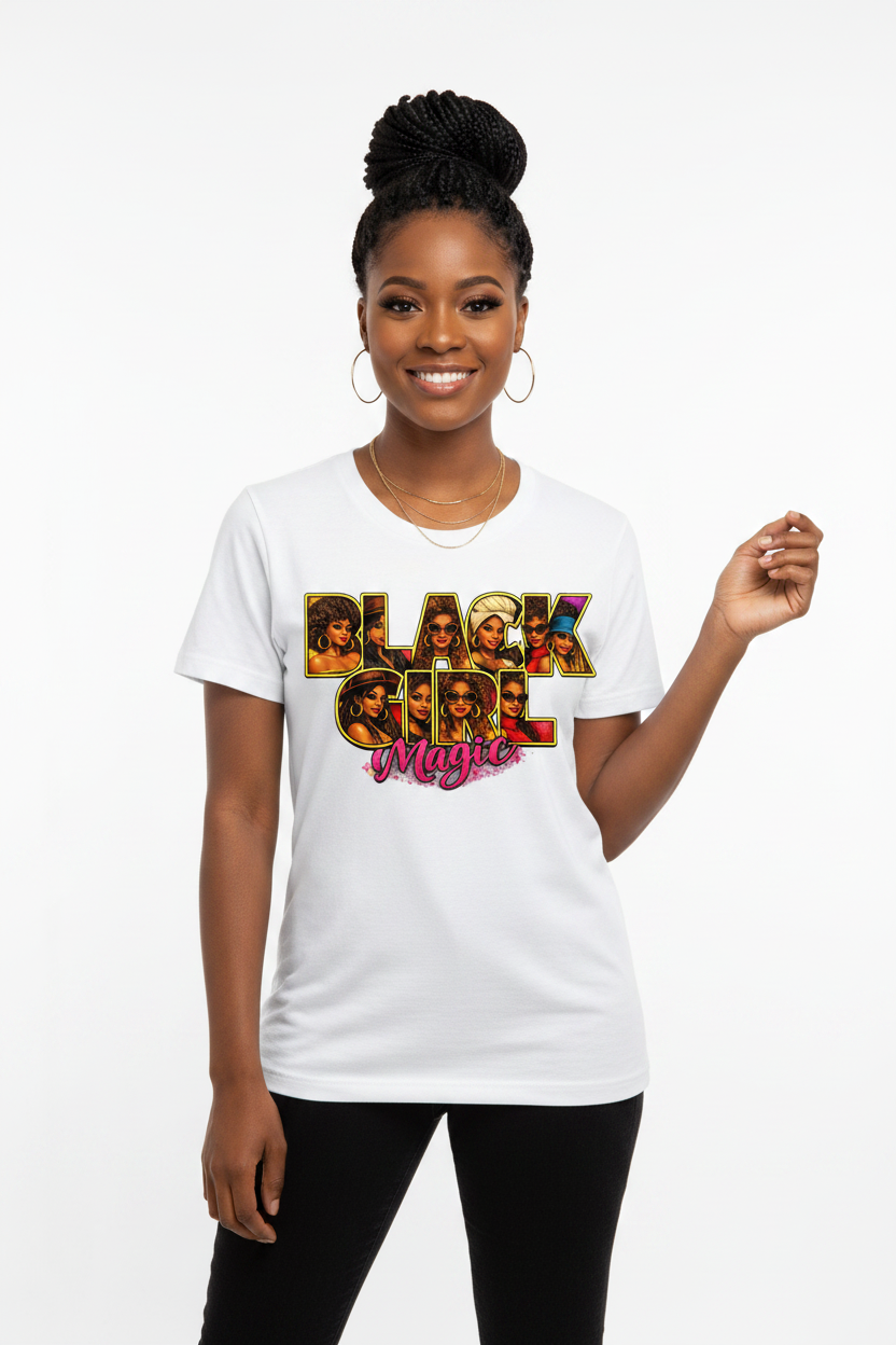 Woman wearing Black Girl Magic white graphic tee