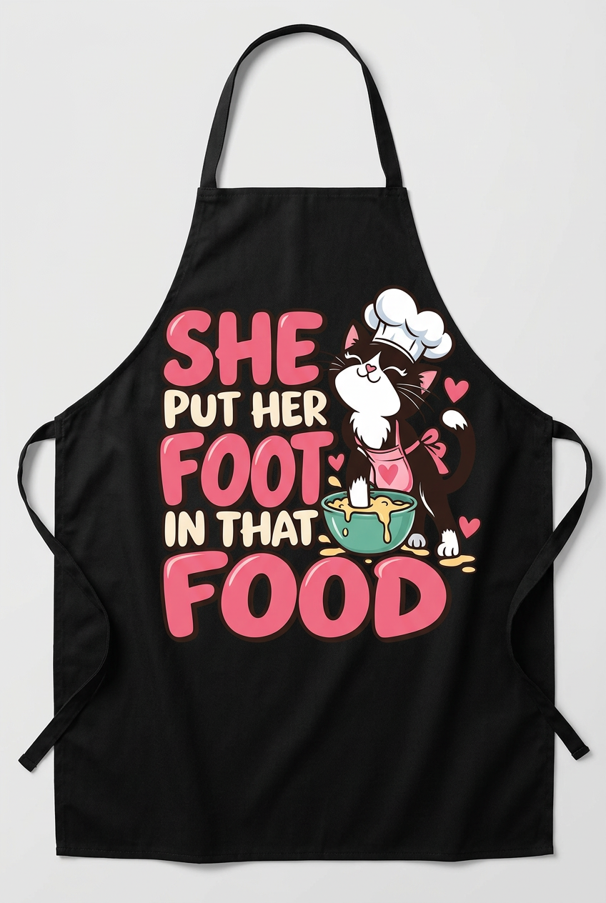 Black apron with a centered approximately 10 by 10 inch chef cat design reading She Put Her Foot in That Food