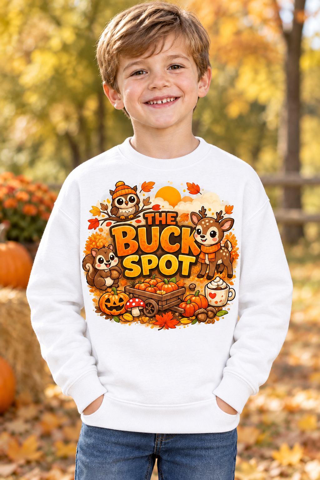 Little boy in a white crew neck sweatshirt with The Buck Spot design