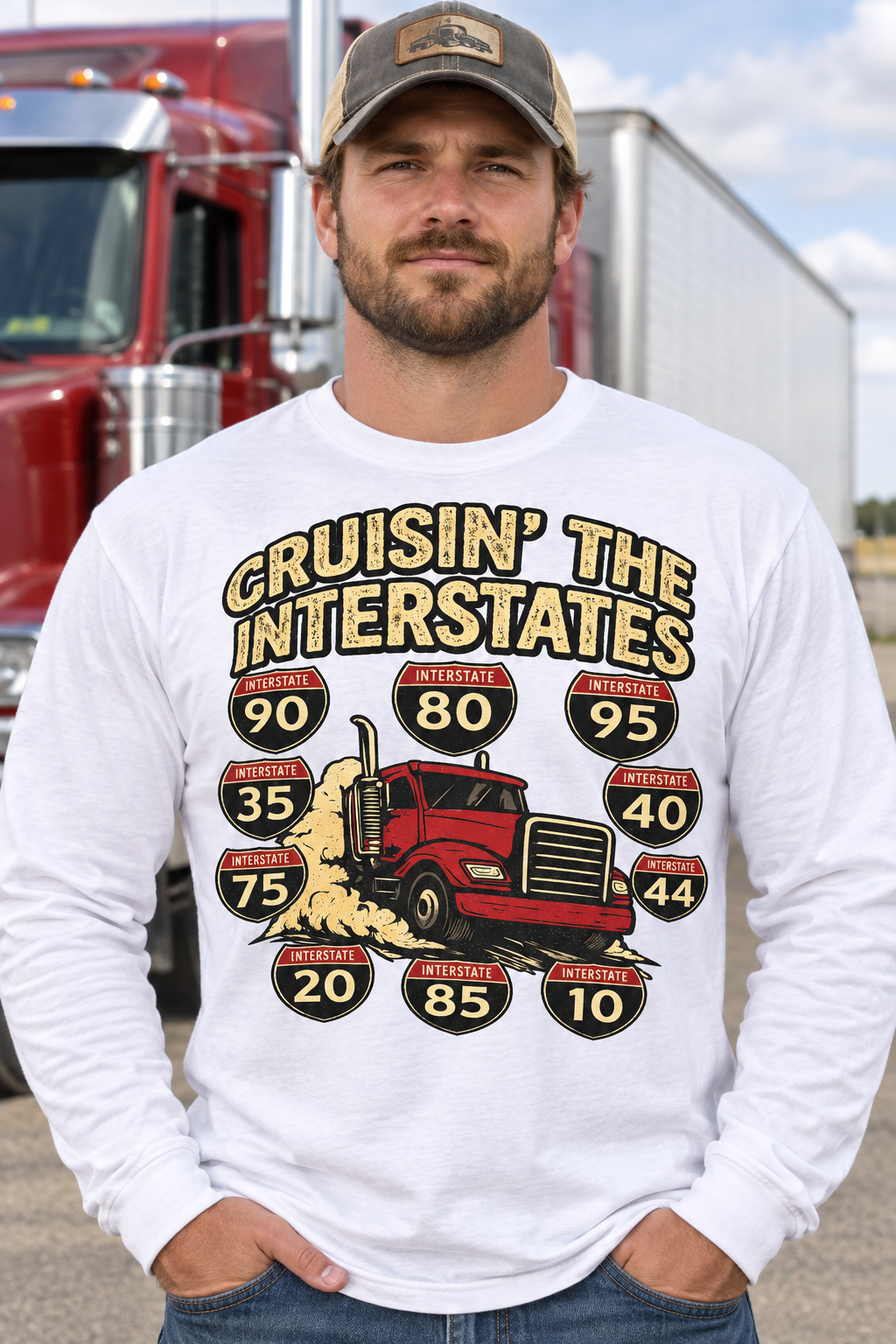 Long-sleeve white shirt, front design, white male trucker