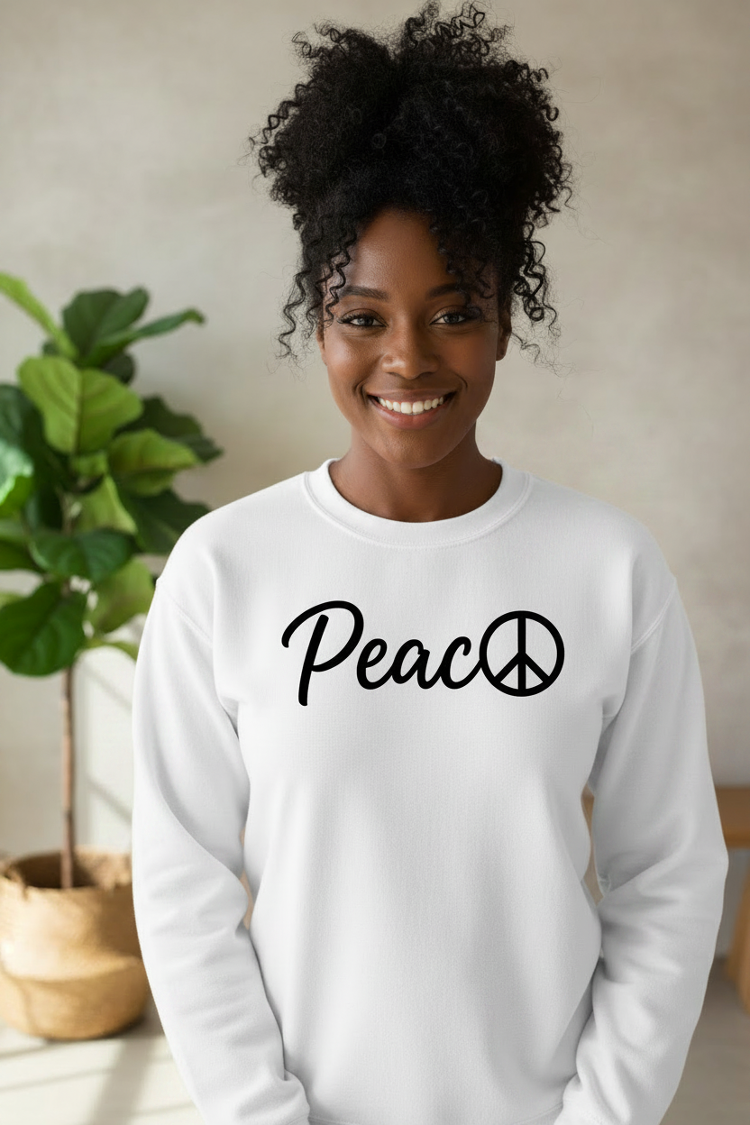 Peace☮ White Sweatshirt with Black Lettering